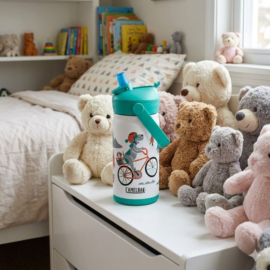 GARRAFA TERMICA CAMELBAK INFANTIL THRIVE FLIP STRAW 12OZ / 354ML - BIKING DOGS (BRANCO/VERDE CLARO)
